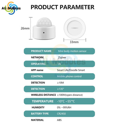 ZigBee 3.0 Human Motion Sensor Infrared Detector Smart Home PIR Motion Sensor Detector Security for Indoor or Outdoor Use