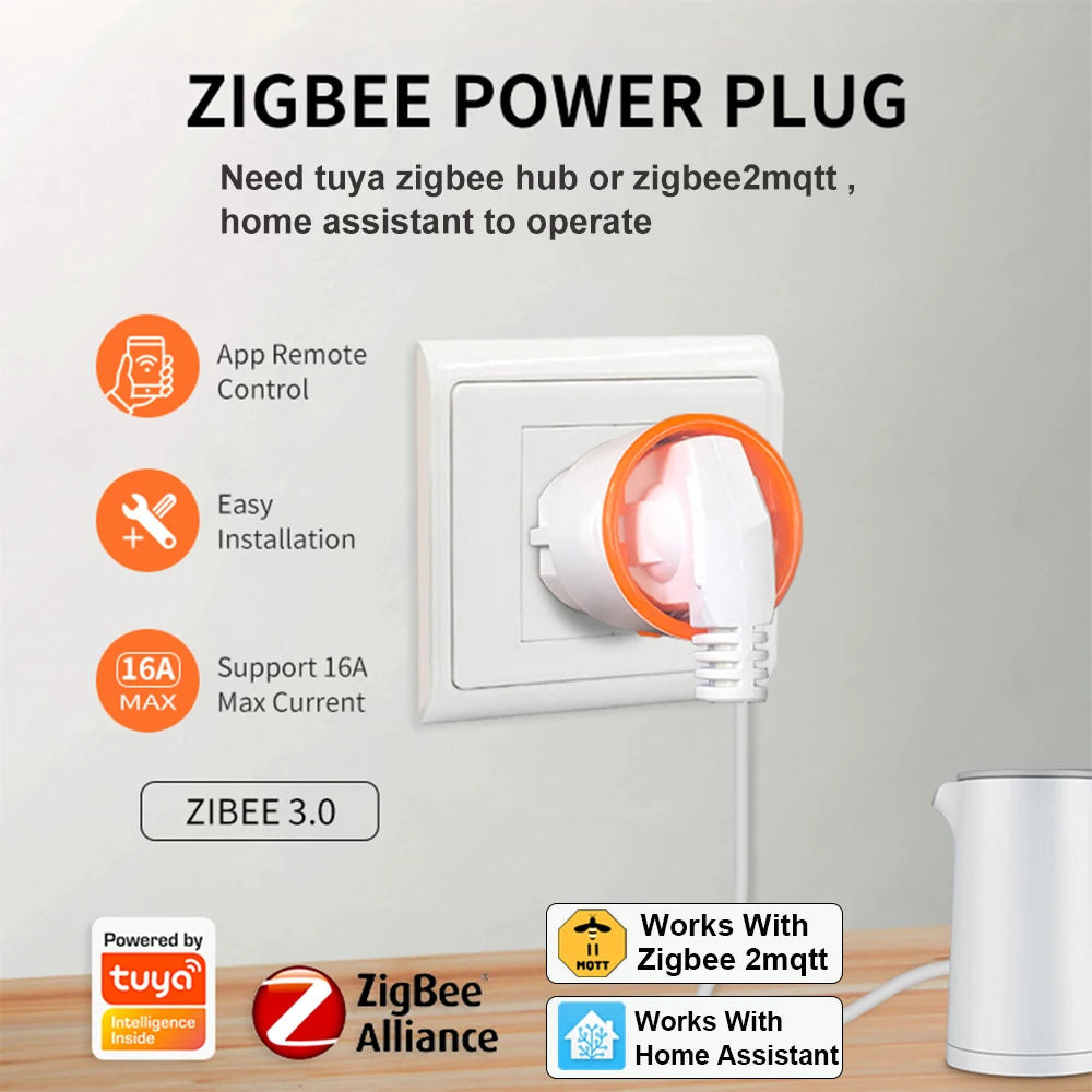 Haozee Smart Zigbee Plug Socket 3680W 16A Power Energy Monitoring Timer Switch EU Outlet Home Assistant Zigbee2mqtt