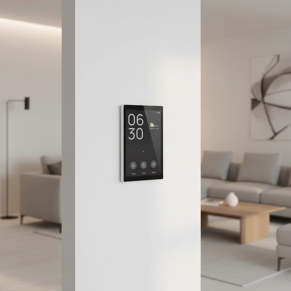 Nexdom Painel de Controlo Touch 5" MOES – Instalado em sala de estar moderna