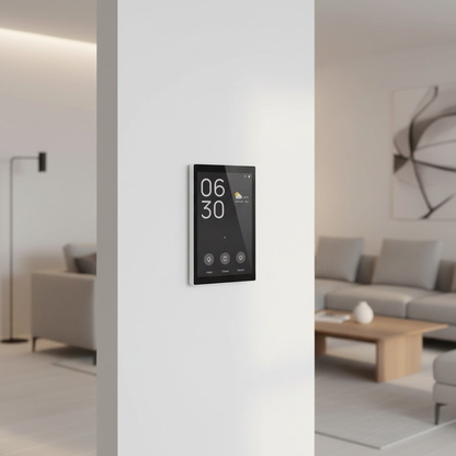 Nexdom Painel de Controlo Touch 5" MOES – Instalado em sala de estar moderna