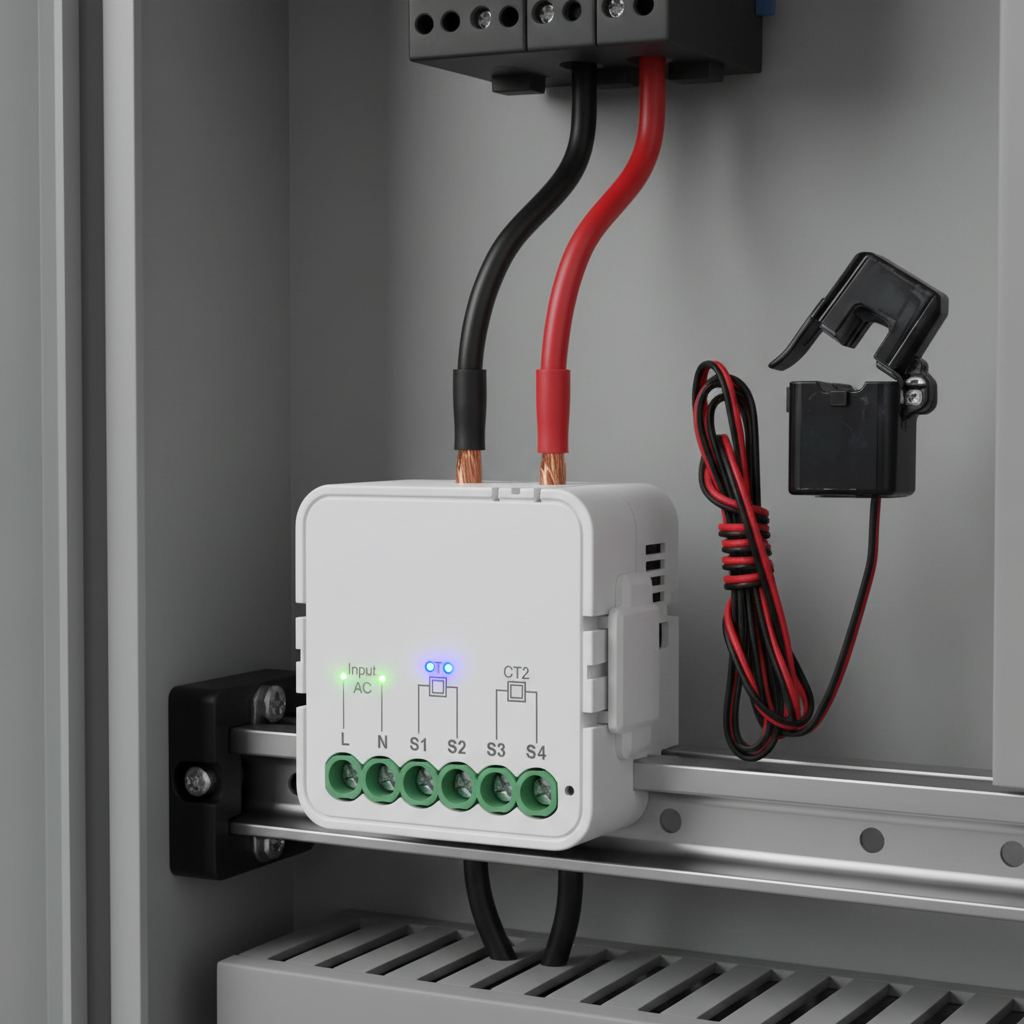 Nexdom Medidor de Energia WiFi Tuya 80A – Close-up sensores de pinça e indicadores LED