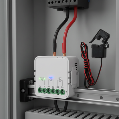 Nexdom Medidor de Energia WiFi Tuya 80A – Close-up sensores de pinça e indicadores LED