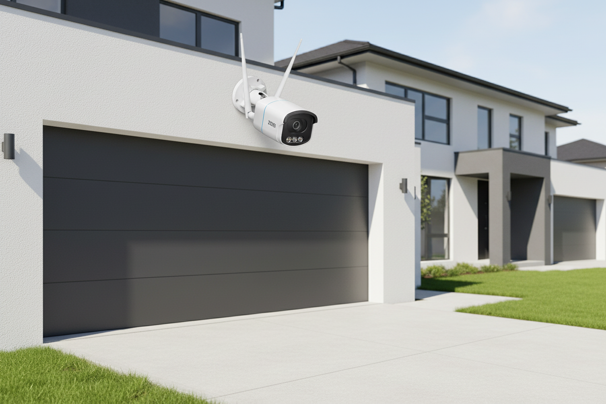Nexdom Câmara Exterior ZOSI C186 4K – Montada acima da garagem entrada de dia