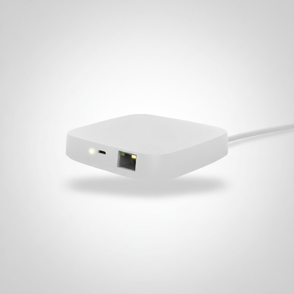 Nexdom Hub Gateway ZigBee com Fio MOES – Vista frontal fundo neutro premium