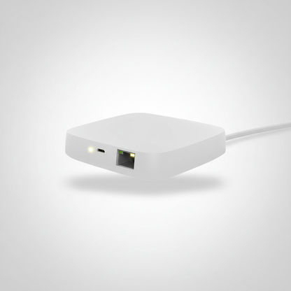 Nexdom Hub Gateway ZigBee com Fio MOES – Vista frontal fundo neutro premium