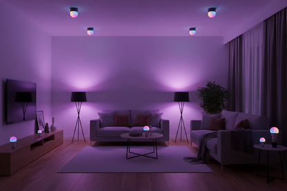 Nexdom Pack 8 Lâmpadas LED WiFi RGB E27 15W – Cena RGB colorida em sala de estar