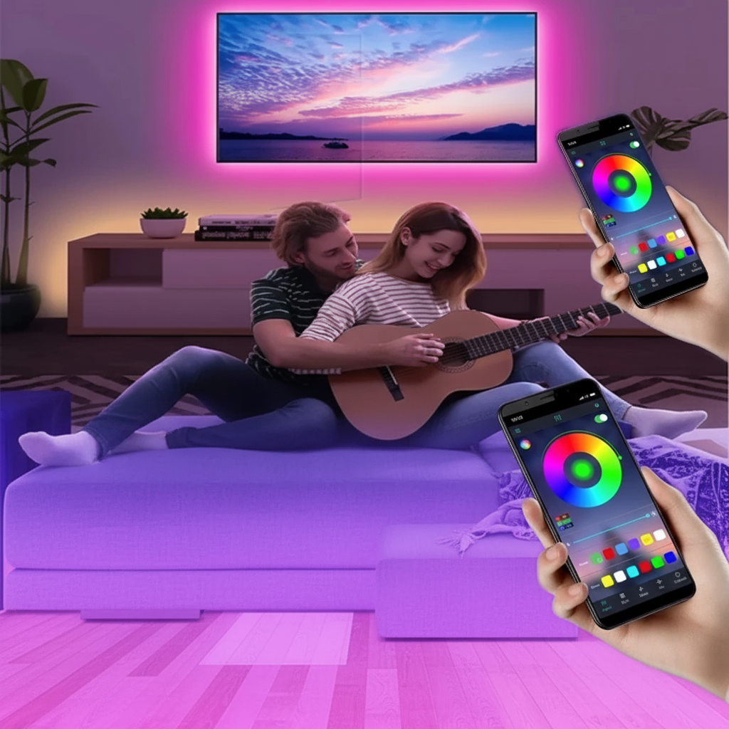 Fita LED RGB – lifestyle sala de estar com casal