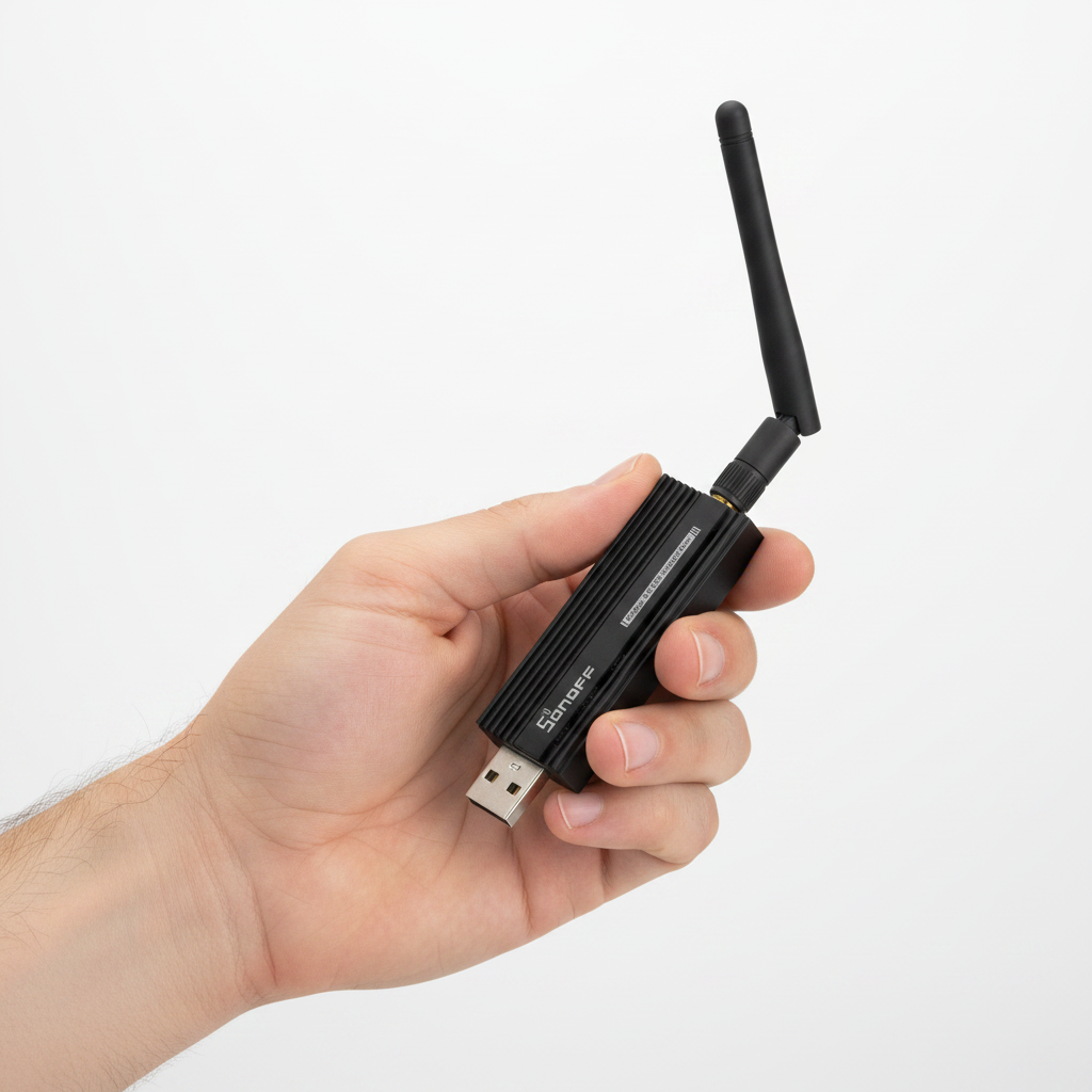 Nexdom Dongle USB ZigBee 3.0 SONOFF ZBDongle-E – Na mão mostrando escala e antena
