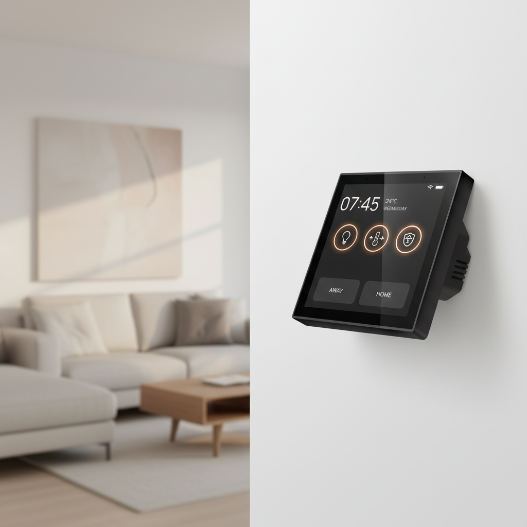 Nexdom Painel de Controlo Touch 4" MOES – Instalado em sala de estar moderna