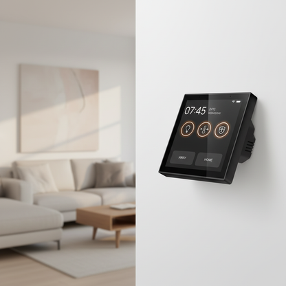 Nexdom Painel de Controlo Touch 4" MOES – Instalado em sala de estar moderna