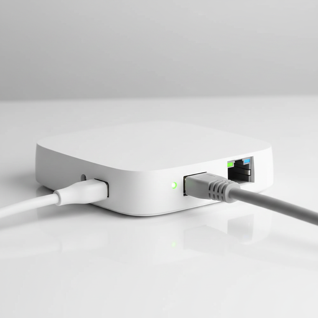 Nexdom Hub Gateway ZigBee com Fio MOES – Close-up portas ethernet e indicadores LED