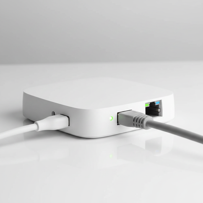 Nexdom Hub Gateway ZigBee com Fio MOES – Close-up portas ethernet e indicadores LED