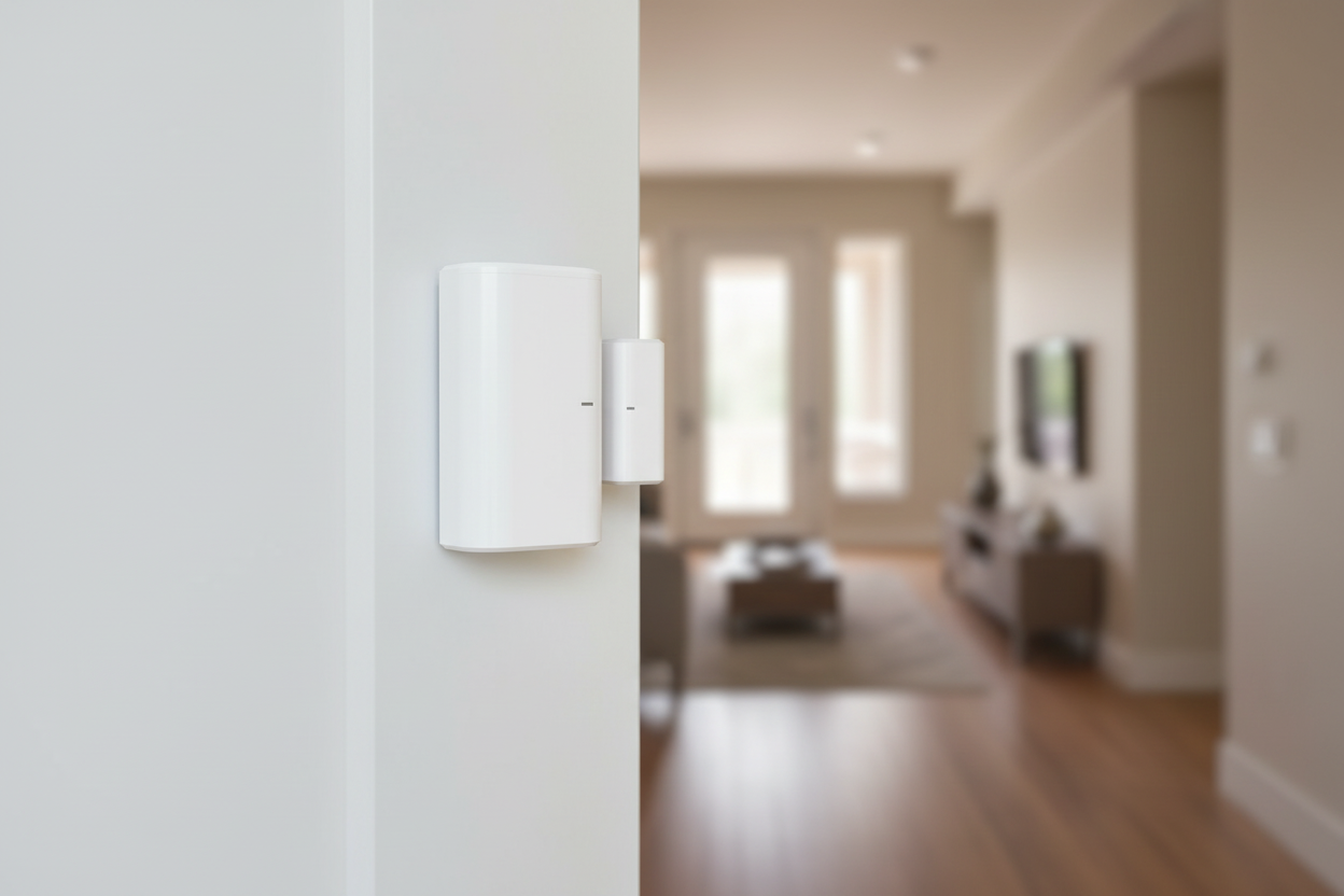 Nexdom Sensor de Porta e Janela SONOFF SNZB-04P – Instalado em porta de entrada moderna