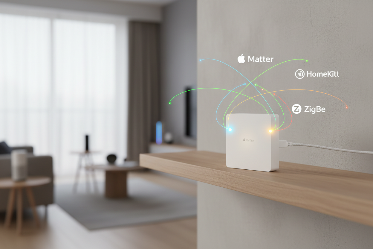 Nexdom Hub Universal Tuya – Hub central Matter ZigBee HomeKit em sala de estar