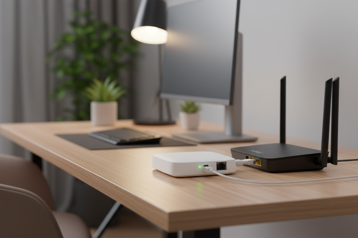 Nexdom Hub Gateway ZigBee com Fio MOES – Home office junto ao router via ethernet
