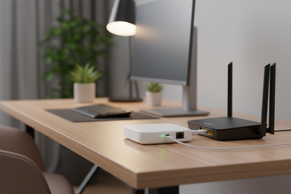 Nexdom Hub Gateway ZigBee com Fio MOES – Home office junto ao router via ethernet