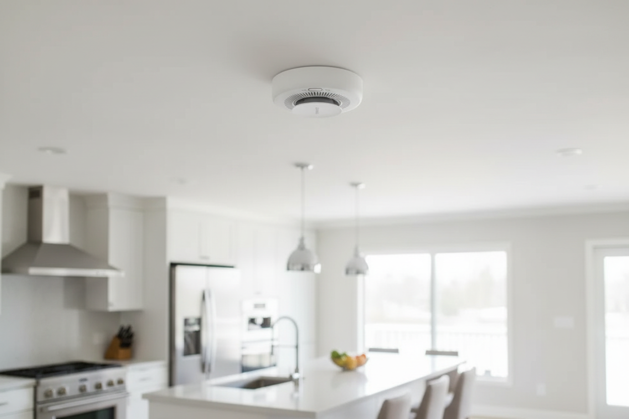 Nexdom Detetor de Fumo Aqara ZigBee 3.0 – Instalado no teto da cozinha moderna