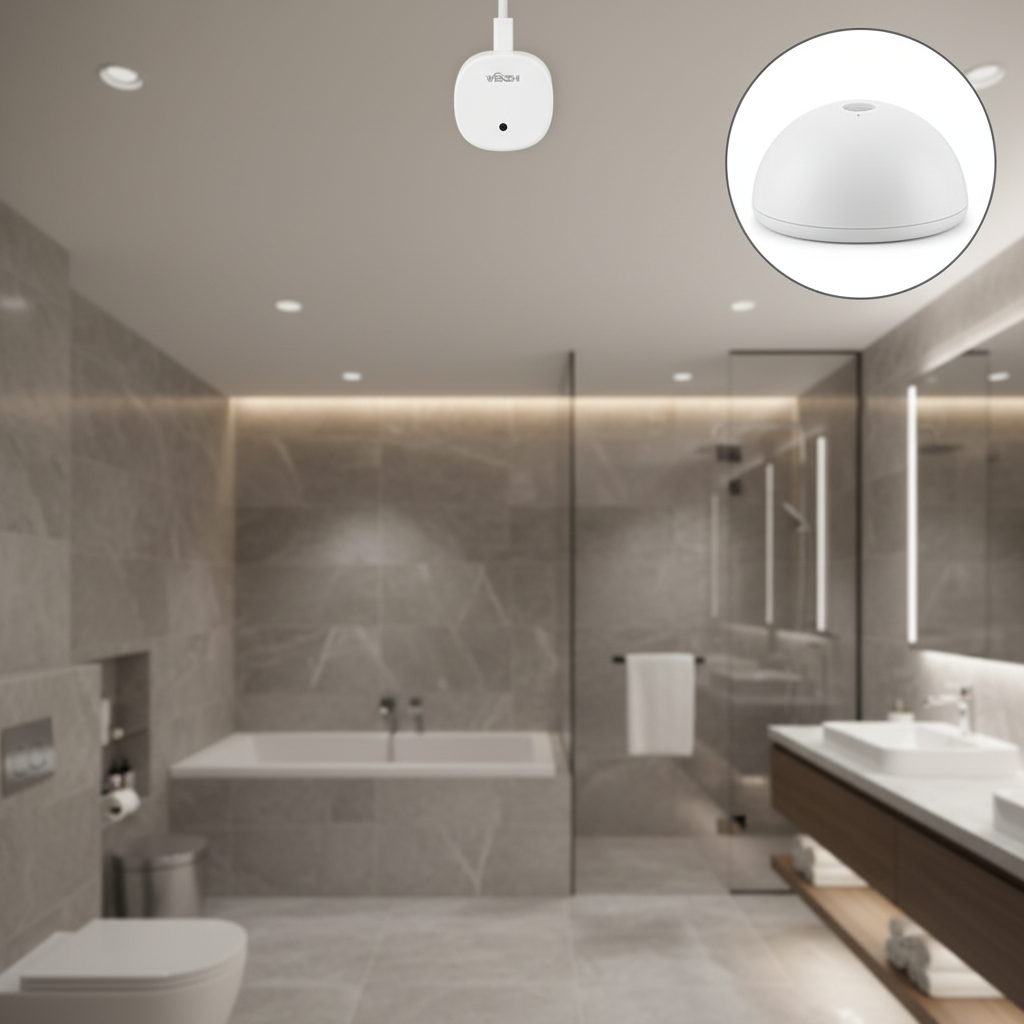 Nexdom Sensor de Presença MmWave ZigBee WiFi Tuya – Instalado no teto da casa de banho